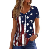 Retro American Flag Rag 3D Printing Ms. High Street Fashion Loose Net Eye Breathable V-Neck Short-Sleeved