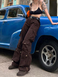 Indie Aesthetics Retro Big Pockets Trim Brown Cargo Pants Y2K 90s Vintage High Waist Wide-Leg Denim Baggy Jeans