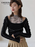 2 Piece Turtleneck Knitted Top Long Sleeve Black Contrast Stitch Off The Shoulder Ladies Top Autumn 2020 Korean