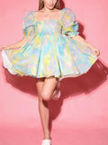 Square Neck Pleated A-Line Dress Spring Summer Short Sleeve Loose Floral Print Dress Women Elegant Puff Sleeve Party Dress 211-1-Outfit