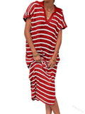 Zingj Summer Dress Women's V-Neck Stripe Low Slit Lapel Long Sweater Even-Outfit