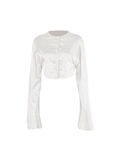 Satin Long Sleeve Buttoned Crop Blouse- Outfit