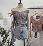 Vintage Print V-Neck Horn Sleeve Top Wooden Ear Lace With Short-Sleeved Long-Sleeved T-Shirt