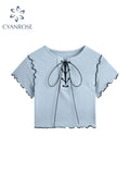 Crop Top Cute Short Sleeve T Shirt O Neck Basic Harajuku Casual Women 2022 Summer Chic Strappy Cross Retro Slim Tee Top