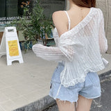 Thin Ruffles Tops Women Sunscreen Blouses Vintage Breathable Cropped All-match Basic Slim Tender