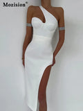 Elegant Inclined Shoulder High Split Midi Dress For Women Gown Summer Backless Sleeveless Bodycon Long Dress