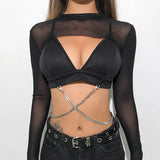 Zingj Women's Pure Color Mesh Perspective Long Sleeve T Shirt Female Summer Sexy Round Collar Show Thin Hot Girl Blouse-Outfit