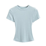 Zingj Trend Women's Wear Thread Slim Short-Sleeved T-Shirt Sexy Round Collar Solid Color Shoulder Show Thin Short Navel