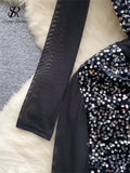 Women Sheer Mesh Dress Embroidery Sequins Slim Long Sleeve Senior Fashion Hollow Out Half High Neck Elegant Sexy