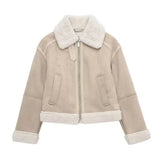 Beige Fur Lining Turn-Down Collar Biker Jacket- Outfit