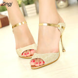 Women Sandals Fashion Beautiful High Heels Sandals Silver Golden Thin Heel Ladies Summer Shoes Plus Size 41 42