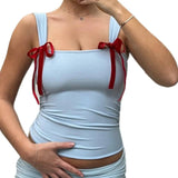 Women's 2000s y2k Sleeveless Bow Front Tank Tops Deep Square Neck Contrast Color/Floral Print Skinny Crop Tee