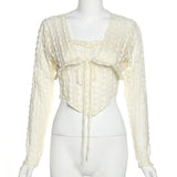 Y2K Aesthetics Cute Ruffles Trim Bandage Lace 2 Piece T-shirts 2000s Fashion Long Sleeve Covers and Camis Sweet