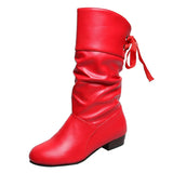 Autumn And Winter Large-Size Knight Boots Low And Round Head After The Tie With Warm Mid-Sleet Boots