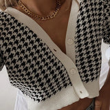 Women Houndstooth Print Vintage Cardigan V Neck Elegant Chic Autumn Fashion Jumper Ladies Streetwear Crop