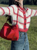 Zingj New Fall 2023 Dopamine Korean Version Loose Soft Waxy Medium And Short Stripe Contrast Color Long Sleeve Knit Sweater Cardigan-Outfit