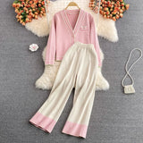 Women Suit New Temperament Knitted Cardigan Sweater Coat + Wide Leg Pants Casual Sweet V-neck Two Piece Suit Plaid