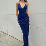 V-neck Sleeveless Long Split Formal Evening Party Dresses Elegant Ladies Backless Solid Shirring Cocktail Dresses Red