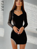 2021 Diamond Tassel Women Dresses Party Black Long Sleeve Mini Club Autumn Winter V Neck Sexy Dresses Bodycon