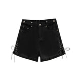 Black Shorts Jeans Pocket Crucifix High Waist Drawstring Casual Fashion Self Cultivation Denim Hot Pants Ladies