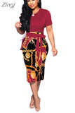 Women Elegant Office Midi Dresses Ladies Bodycon Print Short Sleeve Belt O-Neck Female Fashion Sexy Work Summer Pencil