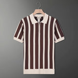 Summer Short-Sleeved Men's Korean Version Of Retro Striped Personality Zipper Half-Sleeved Knitted Shirt Casual T-Shirt Man's