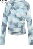 Print Tulle Crop Top Women Ruched Mesh Blouse Female Blue Long Sleeve Tops For Women 2023 Streetwear Chic Woman