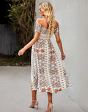 Elegant Floral Print Hem Split Dresses Women Summer Dress 2022 New Boho Holiday Slash Neck Short Sleeve Swing Midi