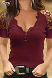 Lace Short Sleeve Blouses Women Fashion Deep V Neck Sexy Hollow Out T-shirt Lady 2023 Slim Top Shirts Casual Blusas