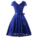 V-Neck Lace Knee-Length Women Dresses With Short Sleeves Sundress Female Vestidos New Arrival Chic Formal Party