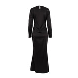 Zingj Women's Early Spring New Satin Hanging Feeling Long Skirt Round Collar High Waist Fashion Long-Sleeved Dress-Outfit
