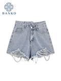 Ripped Jeans Shorts Women Belt Chain High Waist Denim Shorts Female Summer Chic Streetwear Stylish Sexy Hot Shorts