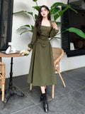 Elegant Party Casual Lady Long Dresses Retro Folds Puff Sleeves Fashionable Sexy Design Slimming Waist Green Dress 211-1-Outfit