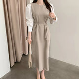 Zingj Korean Chic French Temperament Color Splicing Sleeve Women's Skirt Autumn Bubble Sleeve Waist With Round Collar