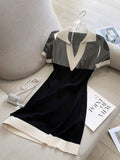 Zingj Summer Polo Collar Short Sleeve Knitted Dress Women Korean Fashion Casual Straight Loose Knitting Short Dresses 211-1-Outfit