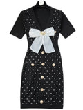 Summer New Knitted Dress Women V-neck Short Sleeve Single-Breasted Bow Beaded Diamonds Dress High Waist Slimming Mini