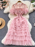 French Sweet Lace Hollow Out Dress 2023 Summer Short Sleeve O Neck Long Dress Women Elastic Waist Sheath Cake