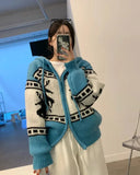 Deer Jacquard Hooded Knitting Zipper Cardigan- Outfit