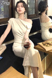 Fashion One Shoulder Folds Ladies Summer Sleeveless Bodycon Dress Elegant Chic Party Evening Wedding Dresses for