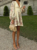 Zingj Lantern Sleeve Printed Dress 2024 Fashion Long Sleeve Teacked Ladies Holiday A-Line Dress-Outfit