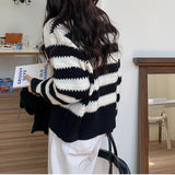 Zingj Waxy Small Fragrant Wind Sweater Coat Female 2024 New Design Sense Small Black And White Striped Knit Cardigan Short Female-Outfit
