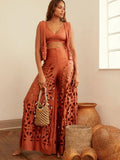 2025 New Solid Color Split Beach Pants Set Sexy Net Eye Hollow High Waist Vacation