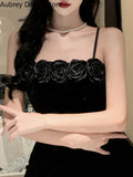 Black Velvet Floral Long Dress Women Vintage Spaghetti Strap Sleeveless Dress Fashion Casual Sexy Evening Party Dress