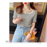 Zingj Neckline T-Shirt Female Summer 2024 Square Collar Design Sense Niche Stripe Short Sleeve Low Collar Slim Slim Knit