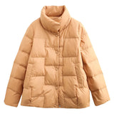 New Standing Collar Contracted Light Down Jacket Female Short Stair Case Loose Show Thin White Duck Velvet Button Coat Female Tide-Outfit