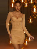 Mesh Halterneck Dress Women Summer Sexy Long Sleeve Elegant Streetwear High Waist Fishbone Bodycon Mini Dress