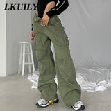 Green Baggy Cargo Jeans Y2k Vintage Women Pants Button Pockets High Waist Streetwear 90S Trousers Straight Wide Leg