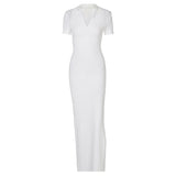 Women Summer Fashion Short Sleeve Bodycon V Neck Soild Color Split Long Dress 2021 Female Clothing