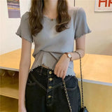 Women Summer Lovely Korean Preppy Style Basic Edible Tree Fungus Sweet Girl Solid Tops Thin Knitted Short Sleeve