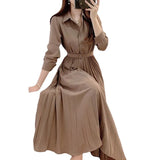 Zingj Chic Autumn Design Sense Niche Single Breasted Lapel Shirt Dress High Waist Pleated Skirt Bottom